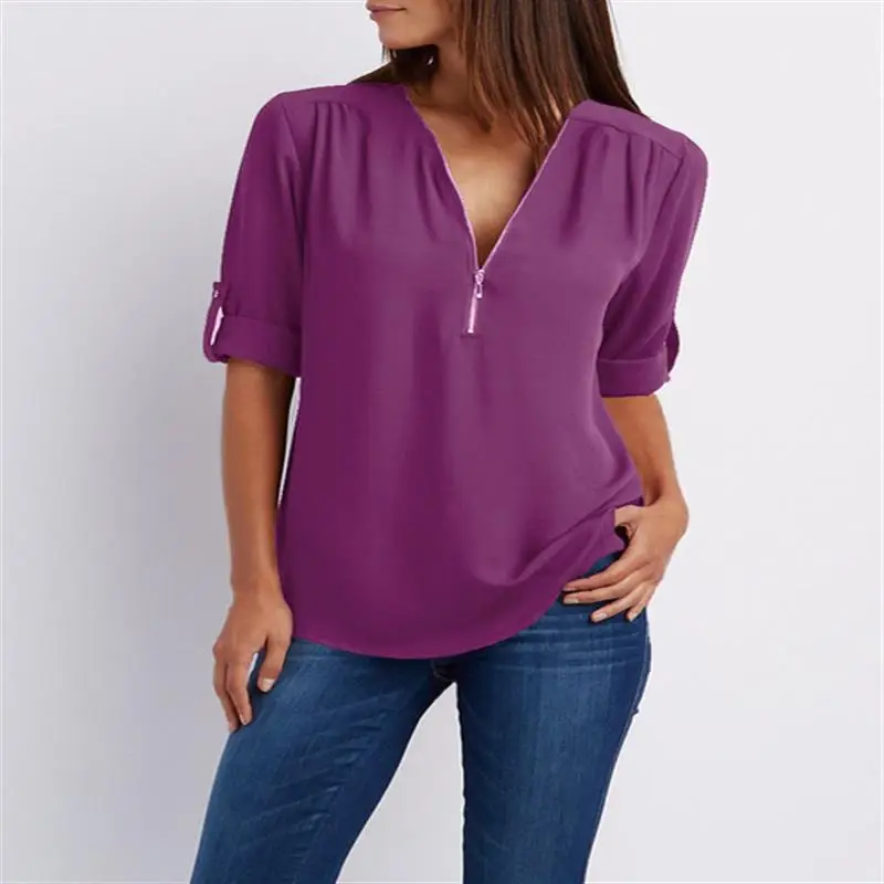 Women Chiffon Blouse Red Summer Top with Zip Front