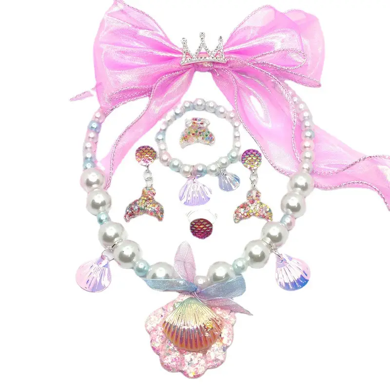 Pink Mermaid Hairpin Necklace Set for Girls