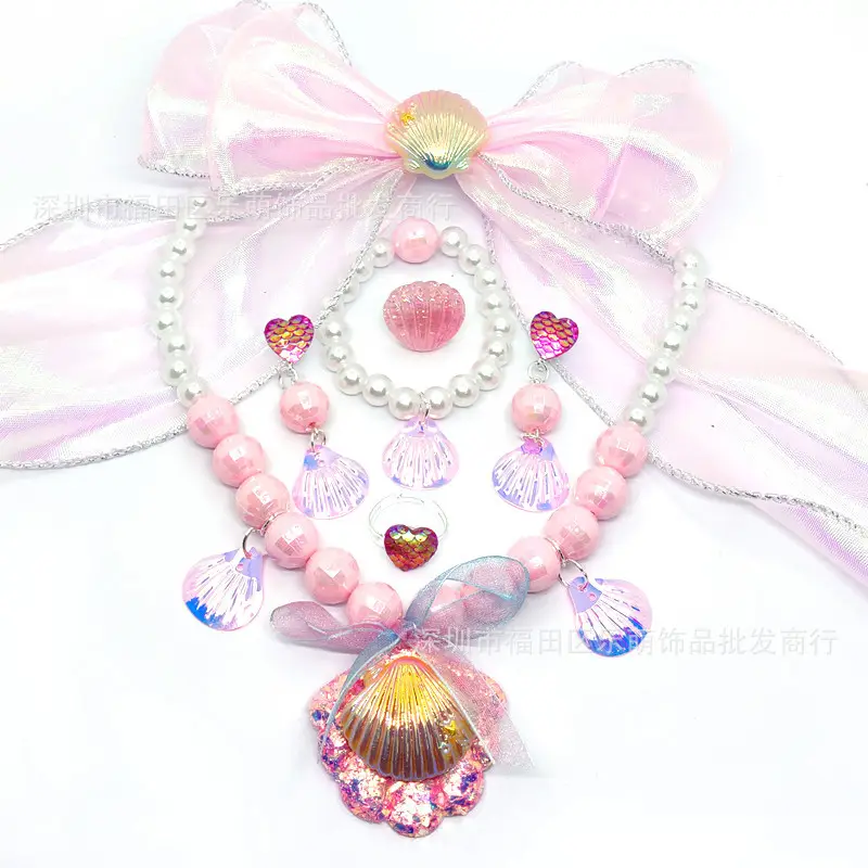 Pink Mermaid Hairpin Necklace Set for Girls