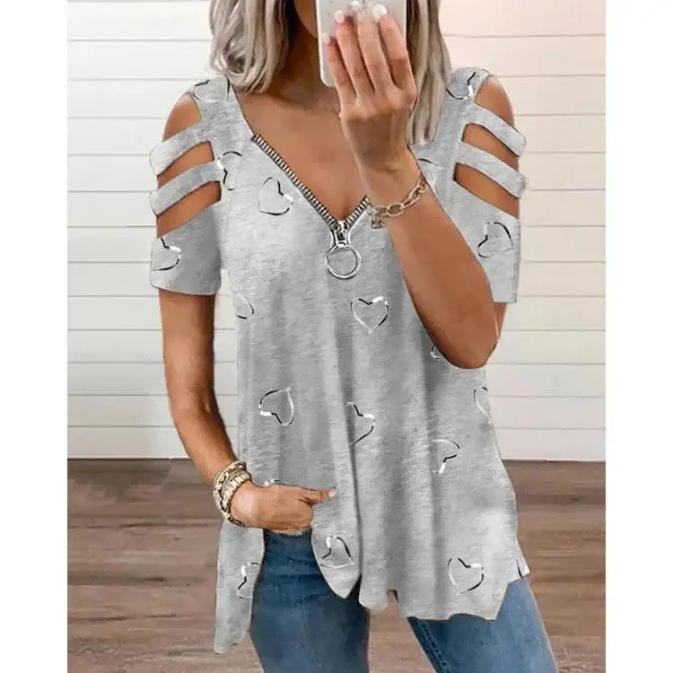 2023 V-Neck Heart Print Women's T-Shirt White Loose Casual - Image 8