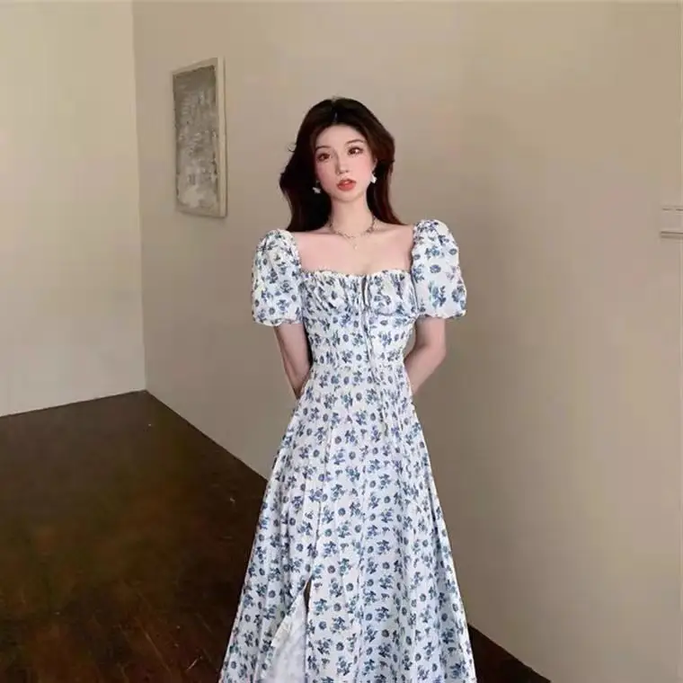 French Style Floral Long Slit Dress for Women