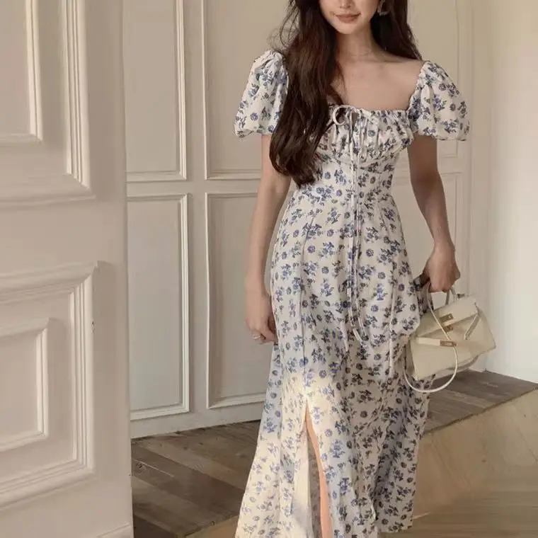 French Style Floral Long Slit Dress for Women