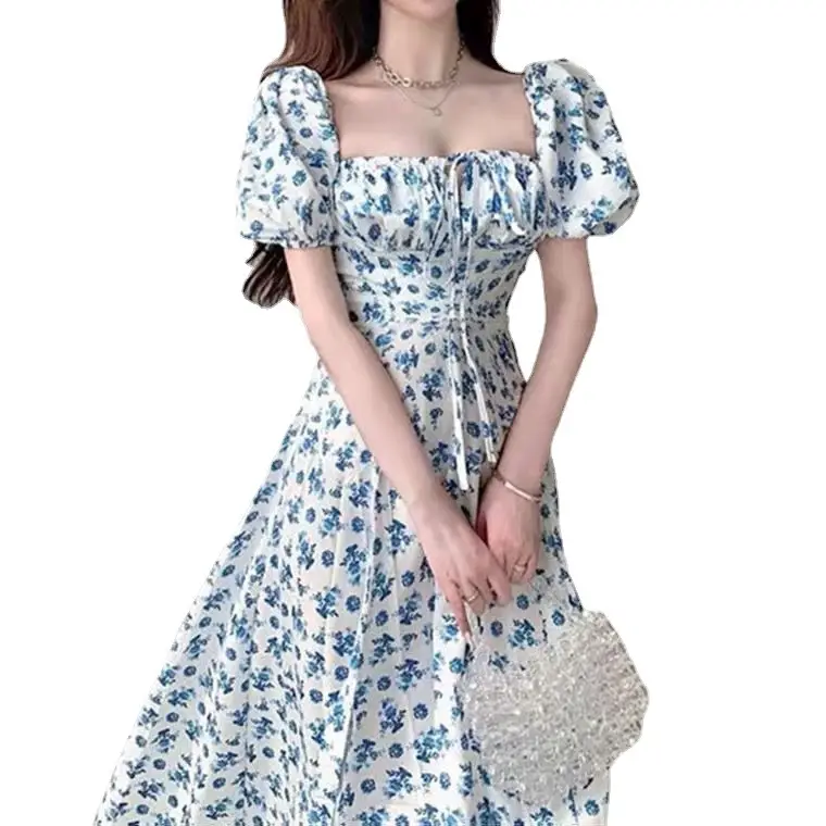French Style Floral Long Slit Dress for Women