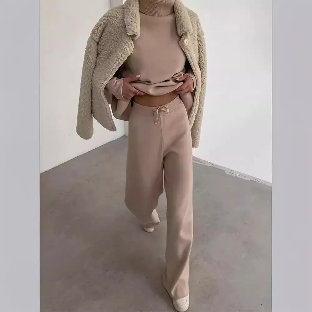 2025 Women's Beige Knitted Wide Leg Pants Set - Image 7