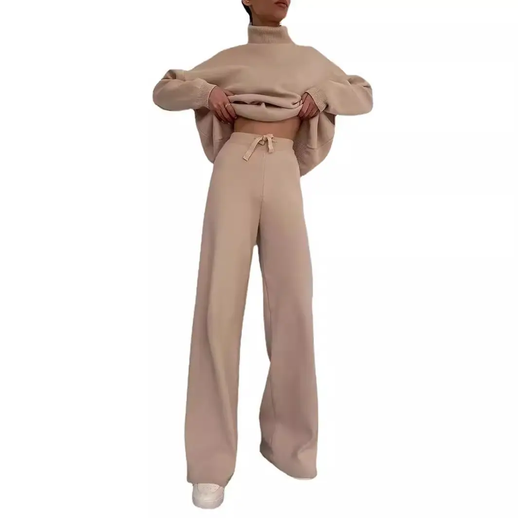 2025 Women's Beige Knitted Wide Leg Pants Set - Image 8