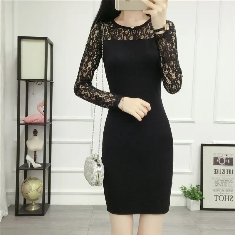 Black Lace Sheath Dress for Women Summer Slim Fit — feature 2