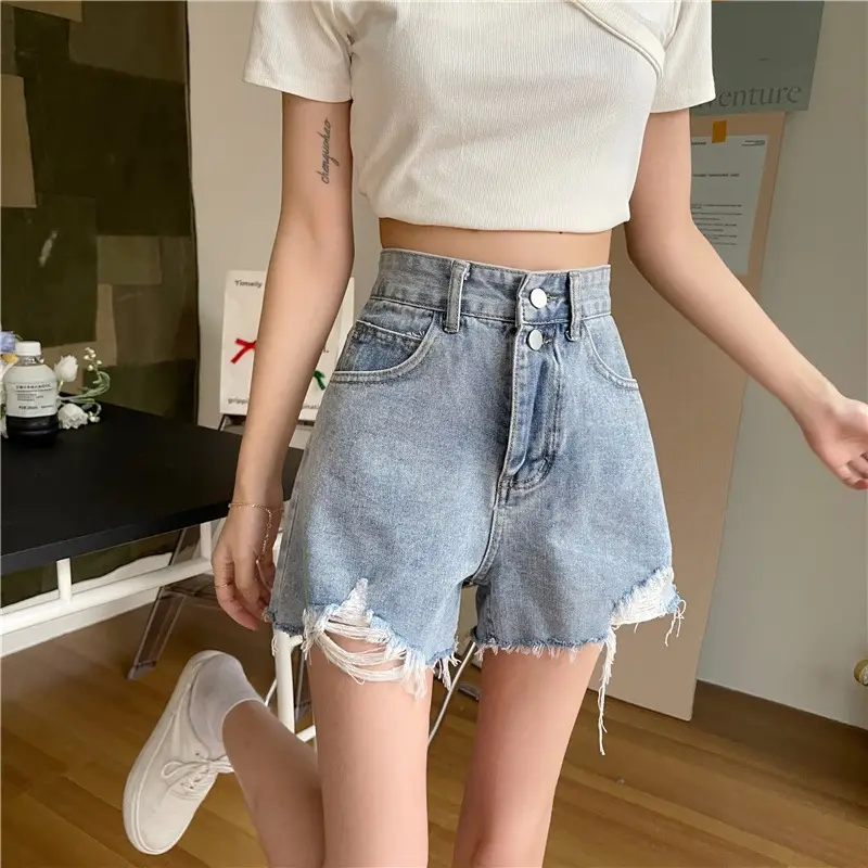 Women Black Ripped Denim Shorts High Waist Breasted - Image 6