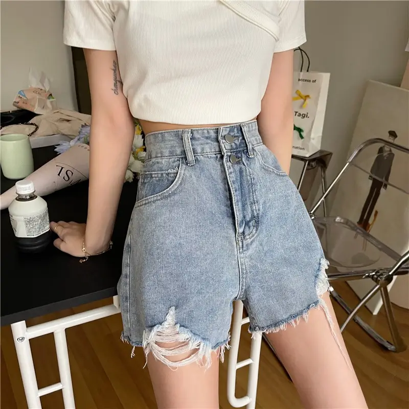 Women Black Ripped Denim Shorts High Waist Breasted - Image 7