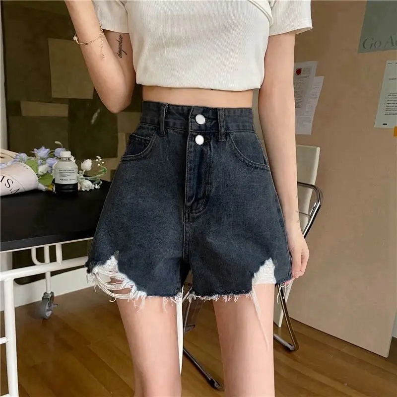 Women Black Ripped Denim Shorts High Waist Breasted - Image 4