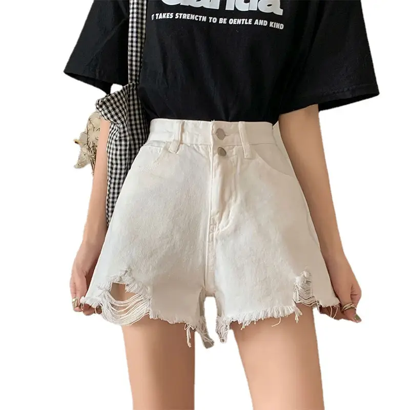 Women Black Ripped Denim Shorts High Waist Breasted - Image 8