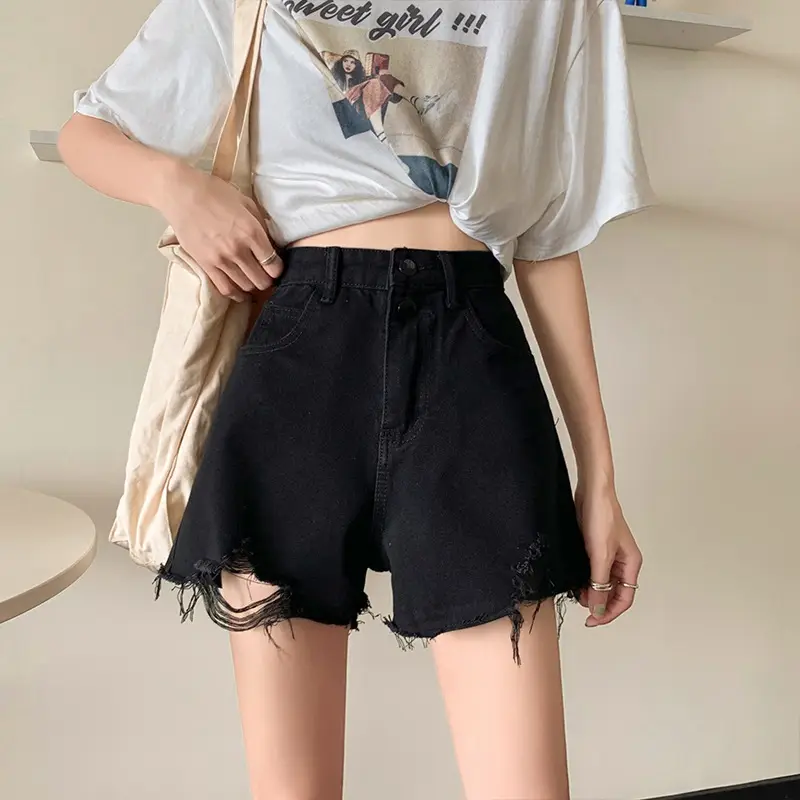 Women Black Ripped Denim Shorts High Waist Breasted - Image 2