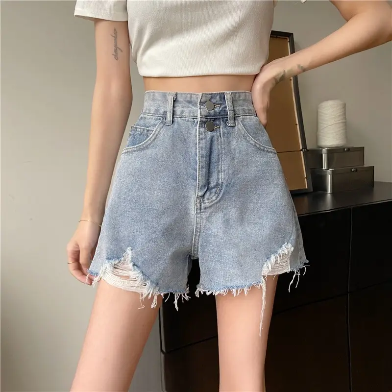 Women Black Ripped Denim Shorts High Waist Breasted - Image 3