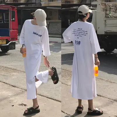2025 White Letter Printed Over-the-Knee T-Shirt for Women - Image 7