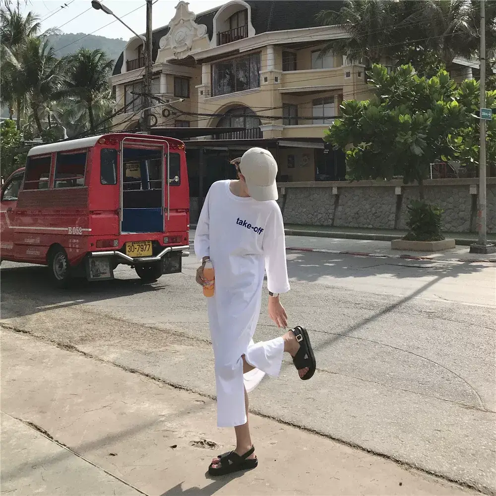 2025 White Letter Printed Over-the-Knee T-Shirt for Women — feature 9
