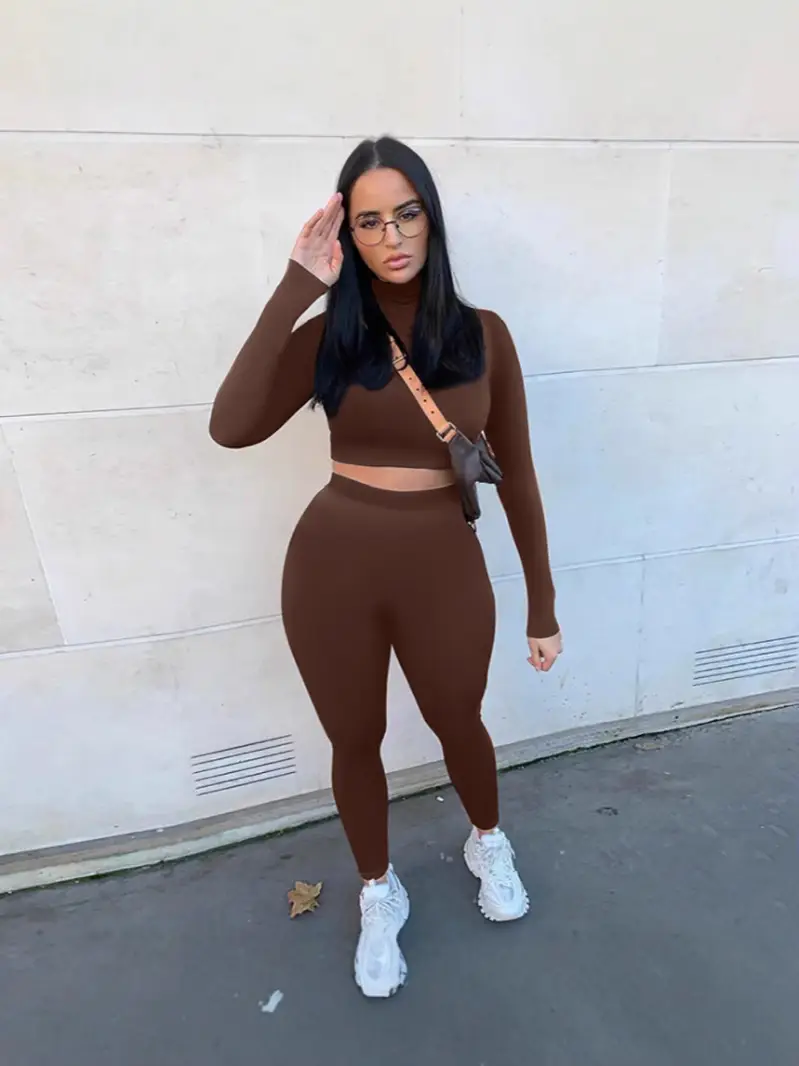 Women's Brown Slim Fit Sports Suit 2021 Autumn Winter - Image 15