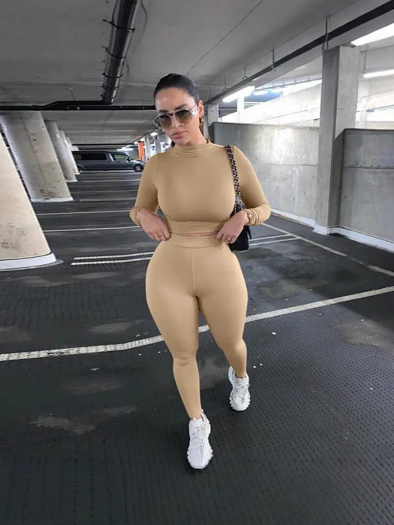 Women's Brown Slim Fit Sports Suit 2021 Autumn Winter - Image 16