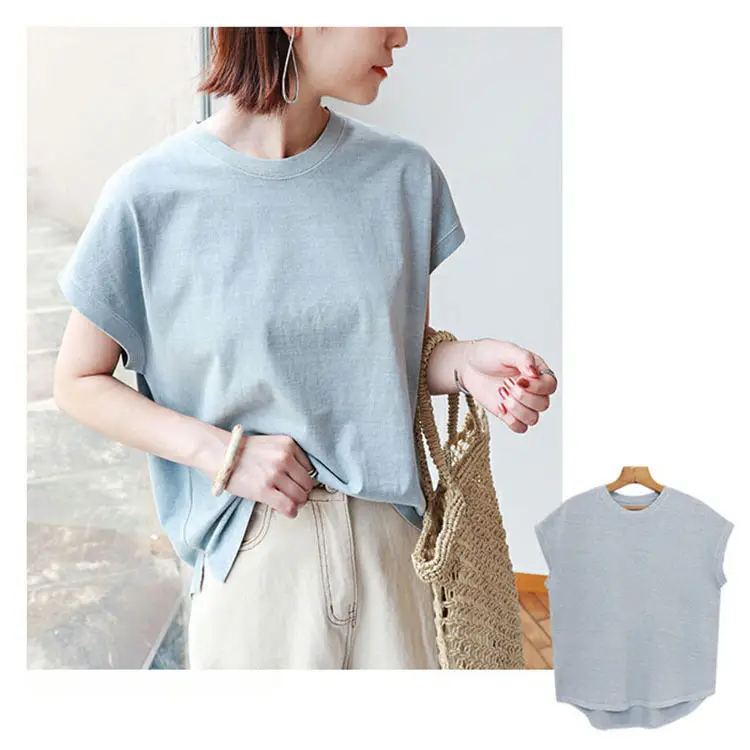 Women Side Slit T-Shirt Beige Cotton 165cm