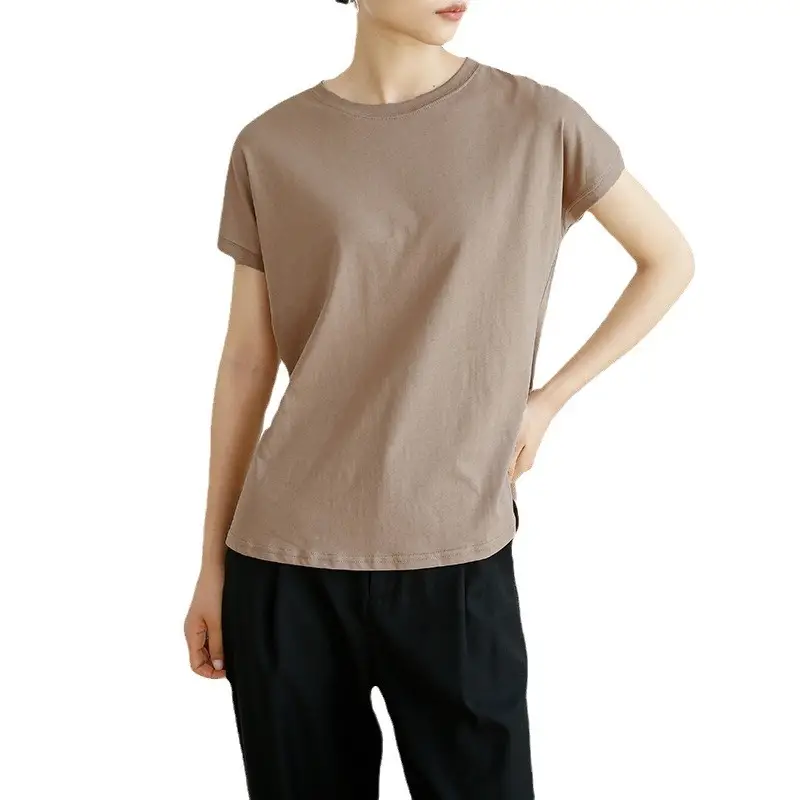 Women Side Slit T-Shirt Beige Cotton 165cm