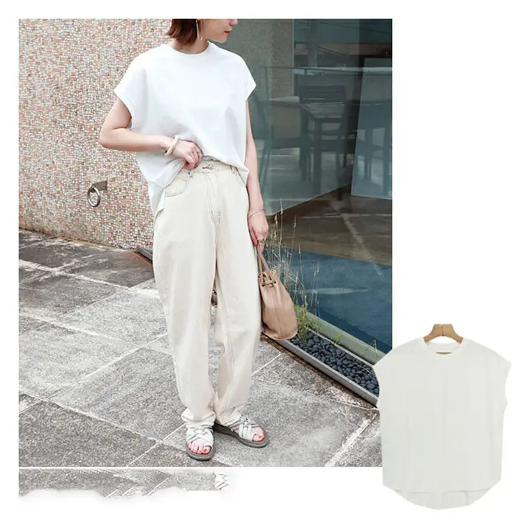 Women Side Slit T-Shirt Beige Cotton 165cm — feature 24