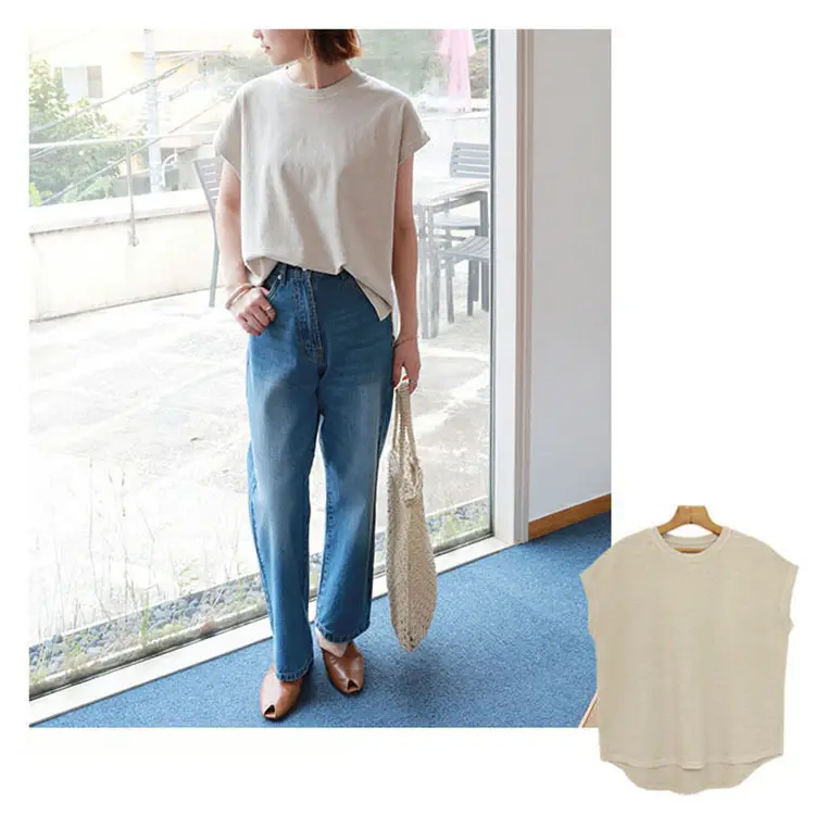 Women Side Slit T-Shirt Beige Cotton 165cm — feature 27