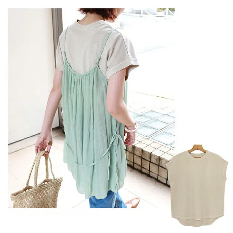 Women Side Slit T-Shirt Beige Cotton 165cm — feature 28