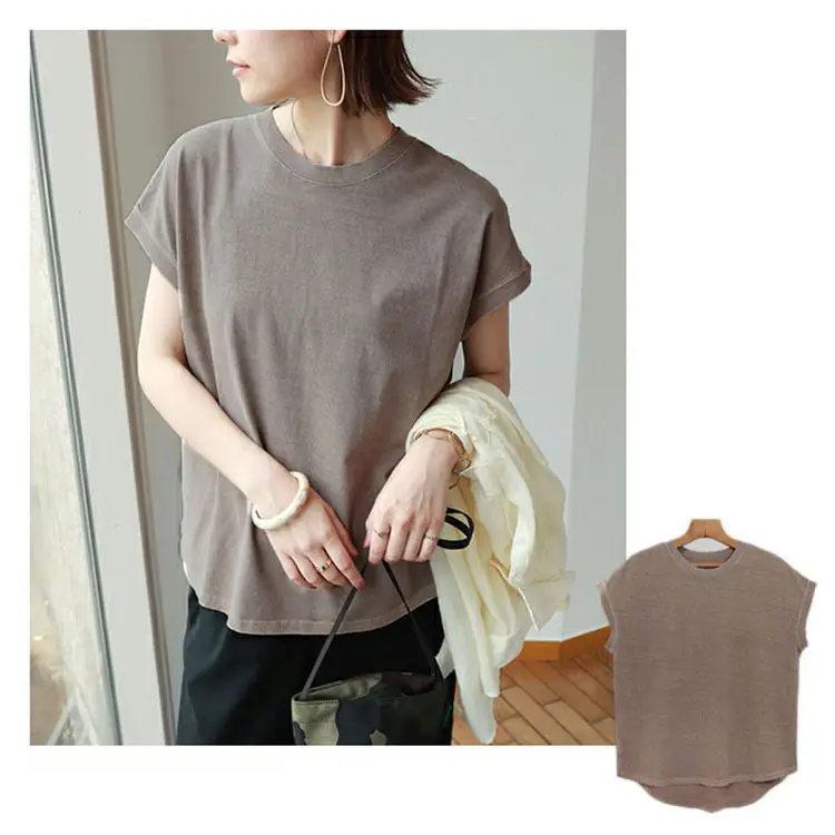 Women Side Slit T-Shirt Beige Cotton 165cm — feature 29