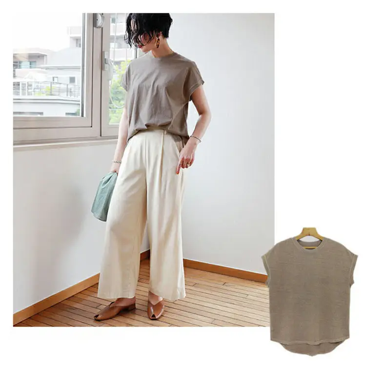 Women Side Slit T-Shirt Beige Cotton 165cm — feature 30