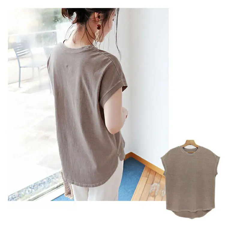 Women Side Slit T-Shirt Beige Cotton 165cm — feature 31