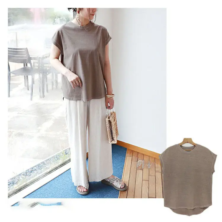 Women Side Slit T-Shirt Beige Cotton 165cm — feature 32