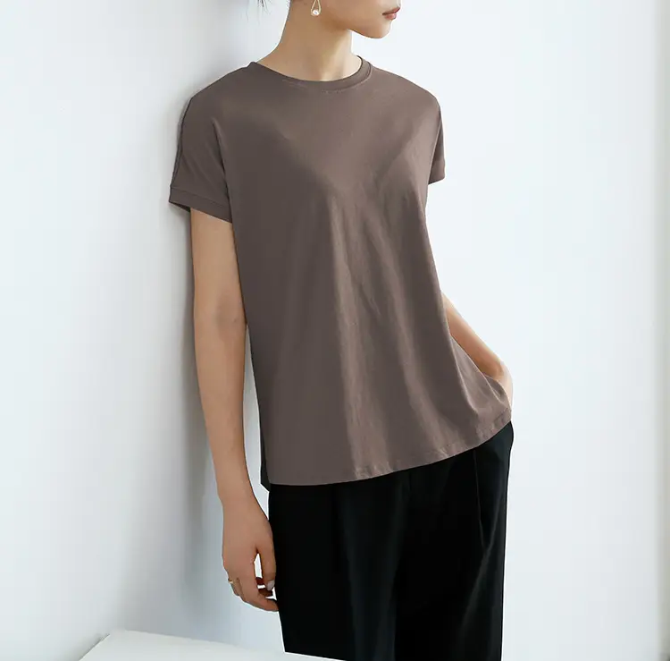 Women Side Slit T-Shirt Beige Cotton 165cm — feature 7