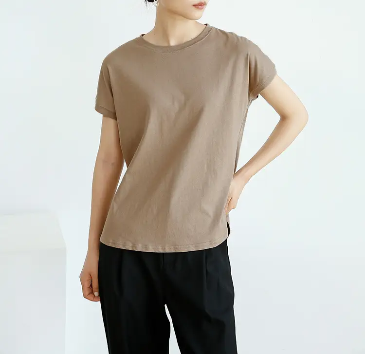 Women Side Slit T-Shirt Beige Cotton 165cm