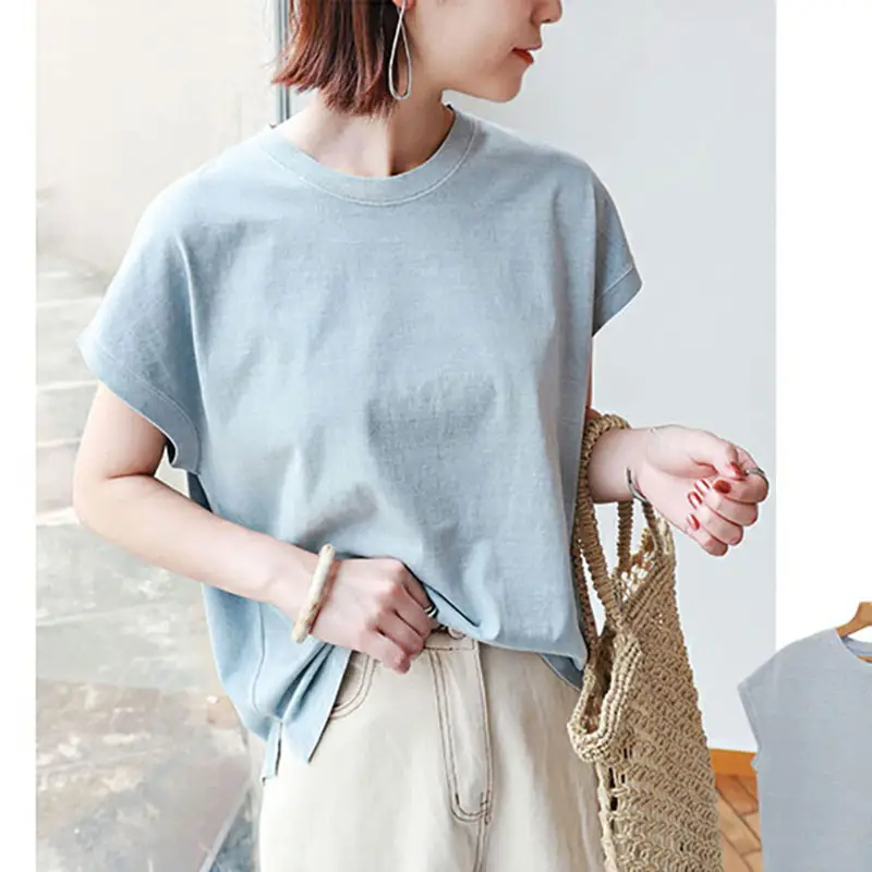 Women Side Slit T-Shirt Beige Cotton 165cm