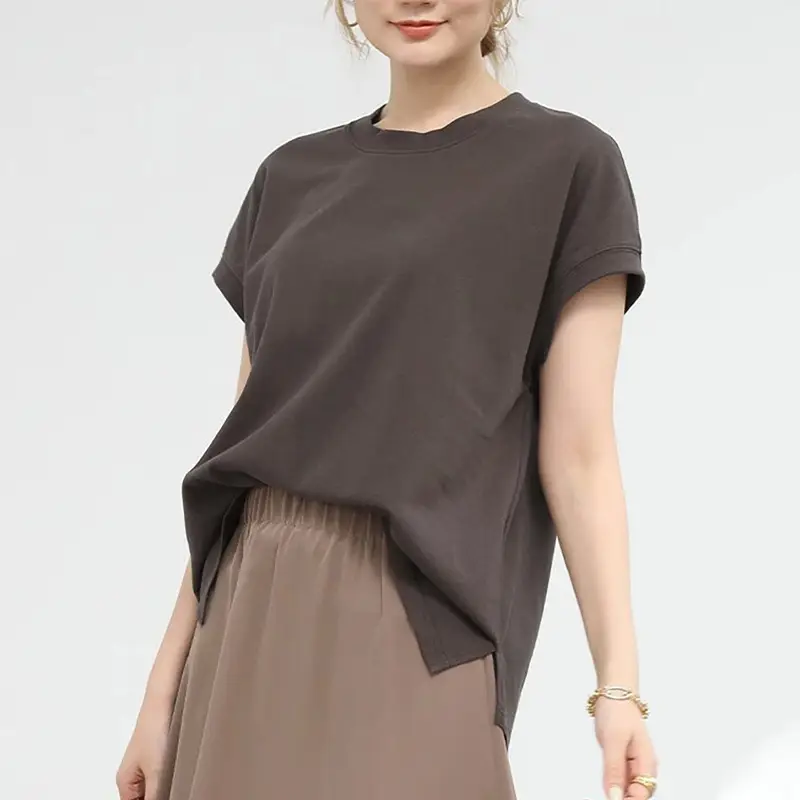 Women Side Slit T-Shirt Beige Cotton 165cm