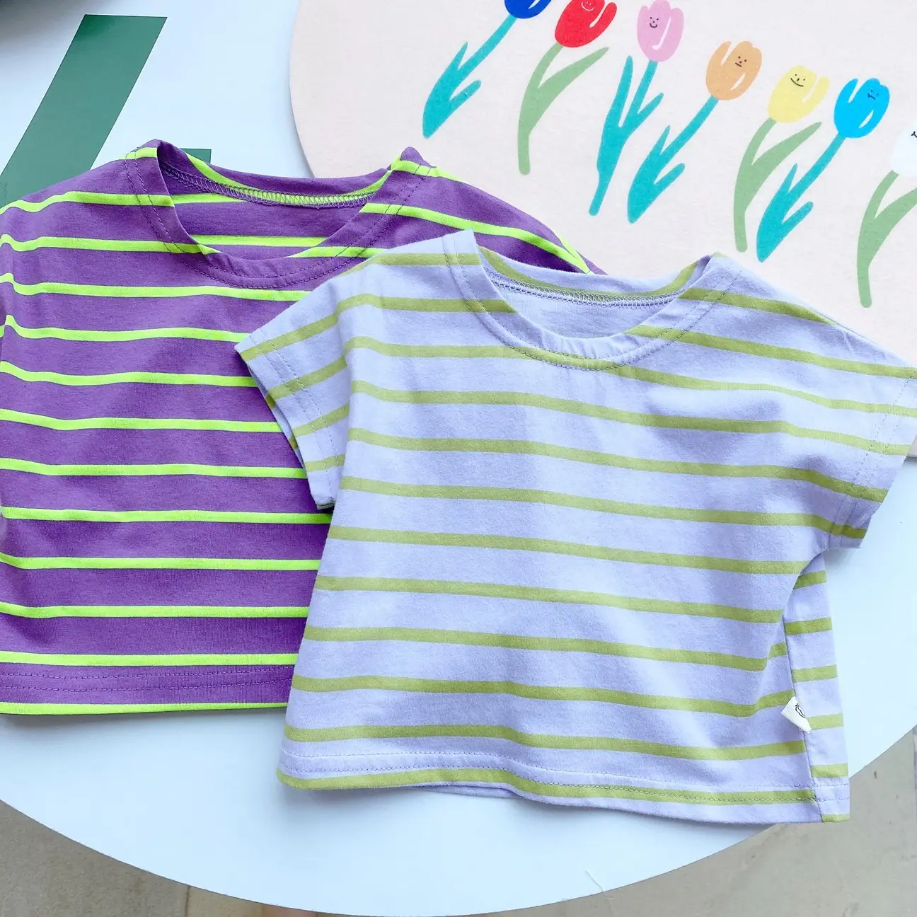 Children Striped Cotton T-Shirt Purple Green Summer - Image 3