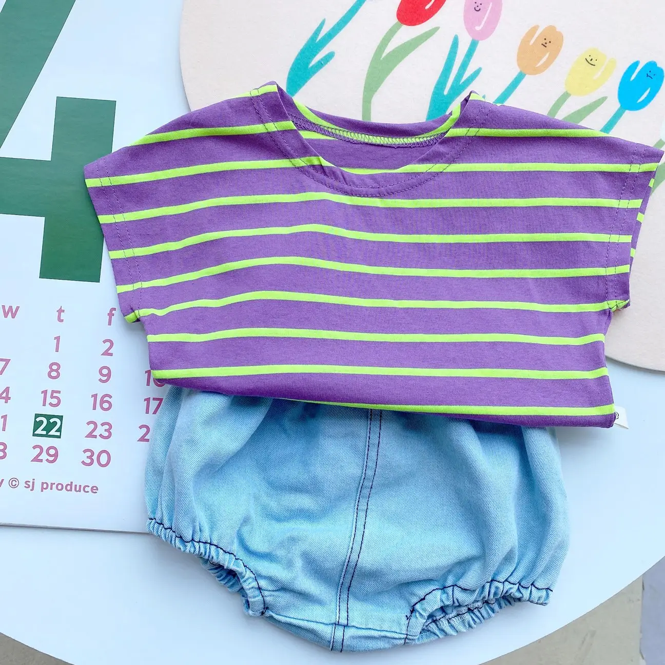 Children Striped Cotton T-Shirt Purple Green Summer - Image 4