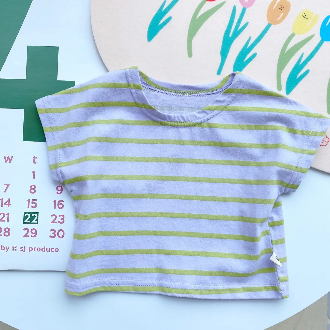 Children Striped Cotton T-Shirt Purple Green Summer - Image 2