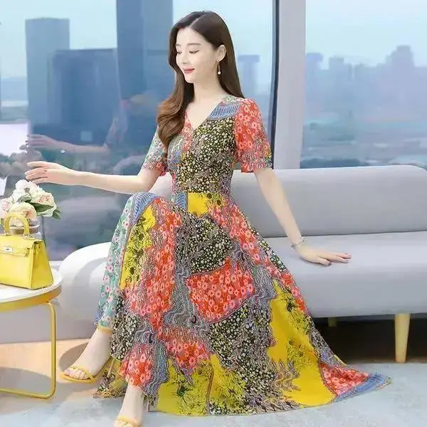 2022 Floral Skirt Dress for Women with Round Neck & Short Sleeves