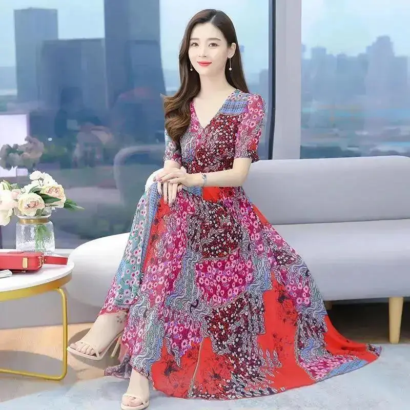 2022 Floral Skirt Dress for Women with Round Neck & Short Sleeves - Image 4