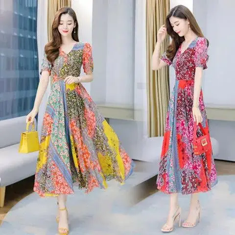 2022 Floral Skirt Dress for Women with Round Neck & Short Sleeves - Image 5