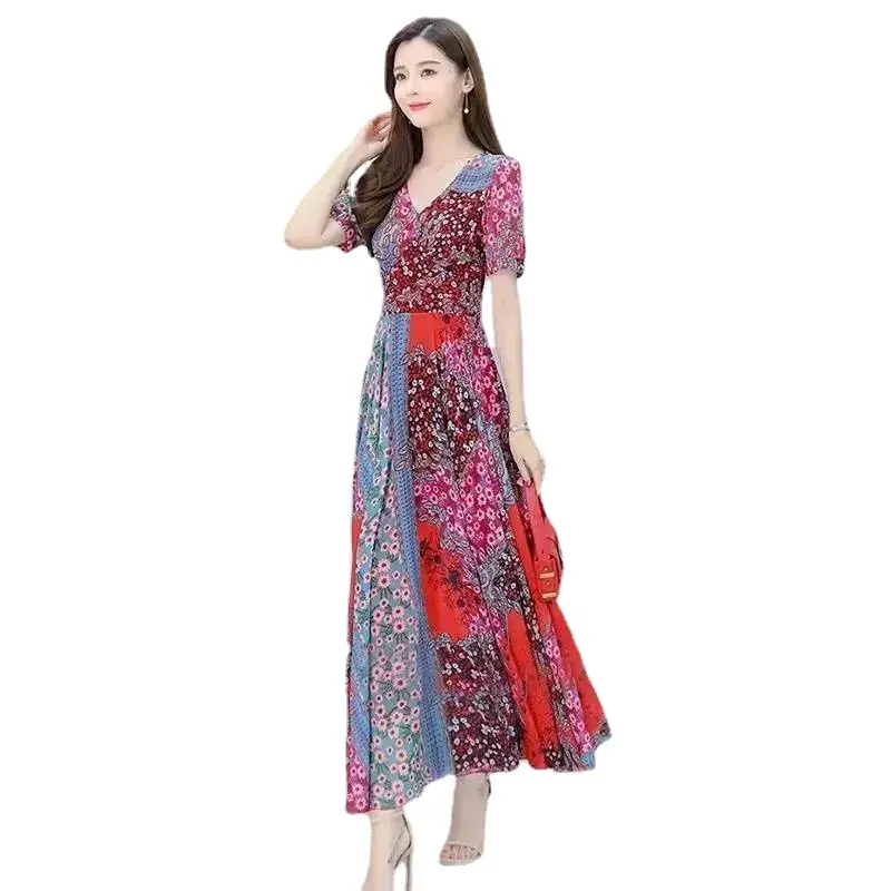 2022 Floral Skirt Dress for Women with Round Neck & Short Sleeves - Image 7