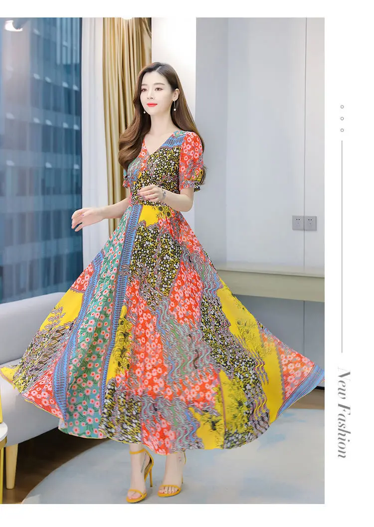 2022 Floral Skirt Dress for Women with Round Neck & Short Sleeves — feature 1