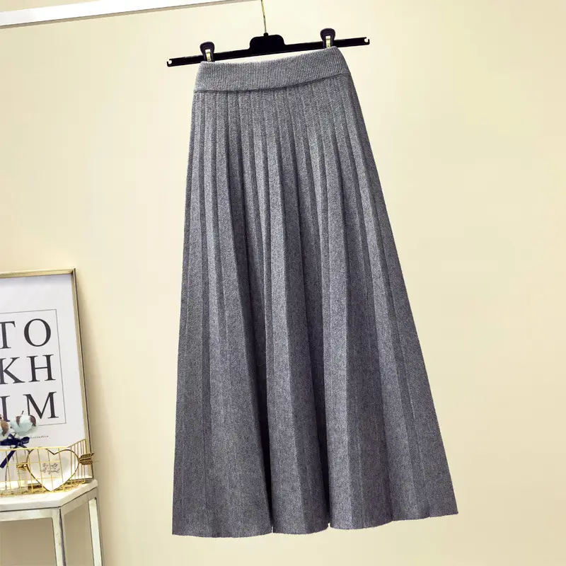 Women Pleated Knitted Skirt Mid Length Winter Warm - Image 10