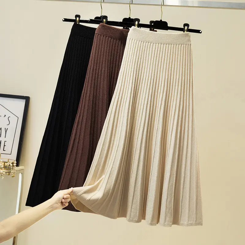 Women Pleated Knitted Skirt Mid Length Winter Warm — feature 4