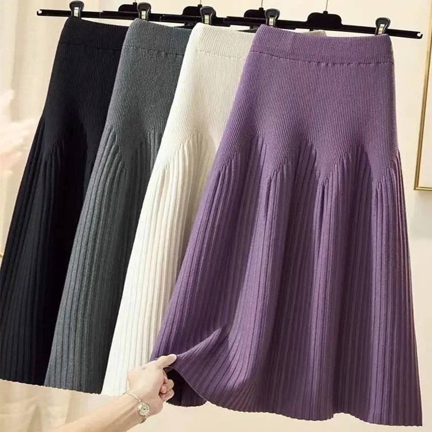 Women Pleated Knitted Skirt Mid Length Winter Warm — feature 5