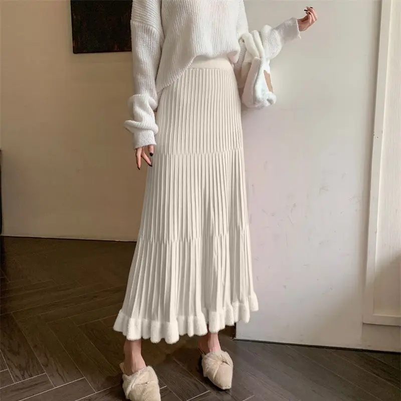 Women Pleated Knitted Skirt Mid Length Winter Warm — feature 6