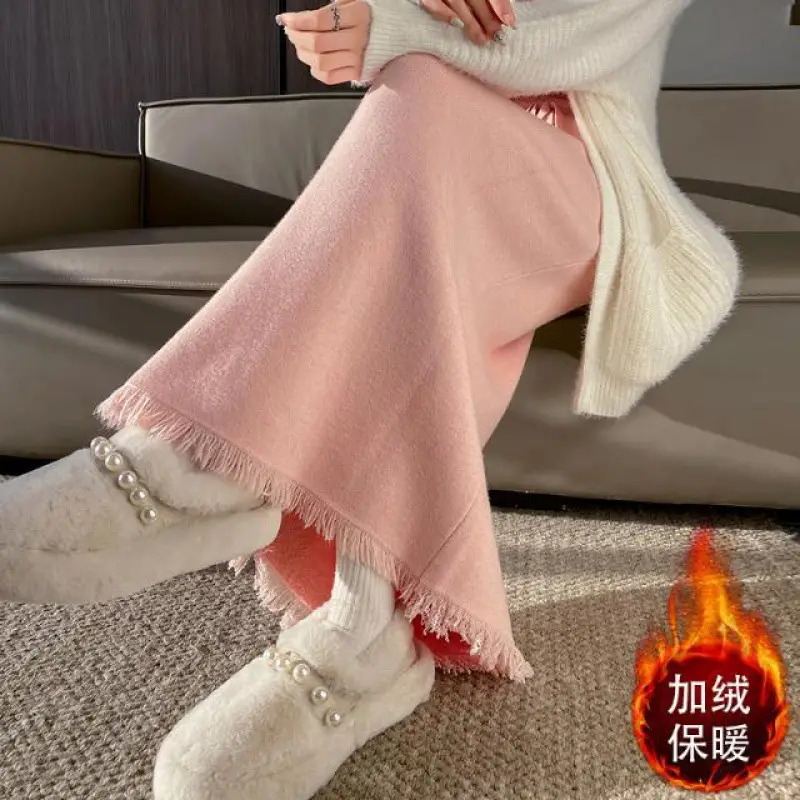 Women Pleated Knitted Skirt Mid Length Winter Warm — feature 8