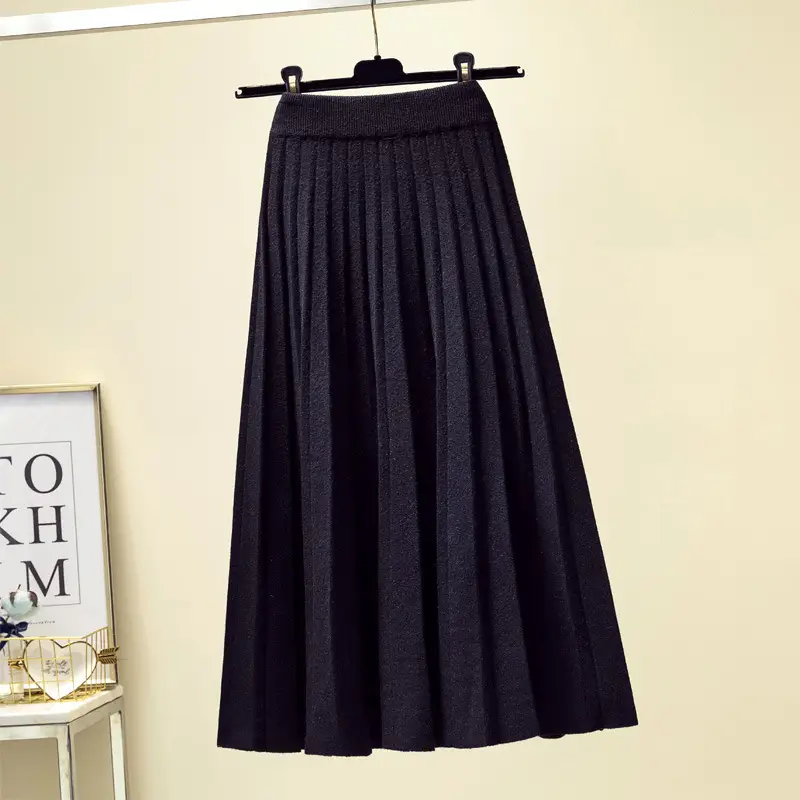 Women Pleated Knitted Skirt Mid Length Winter Warm - Image 2