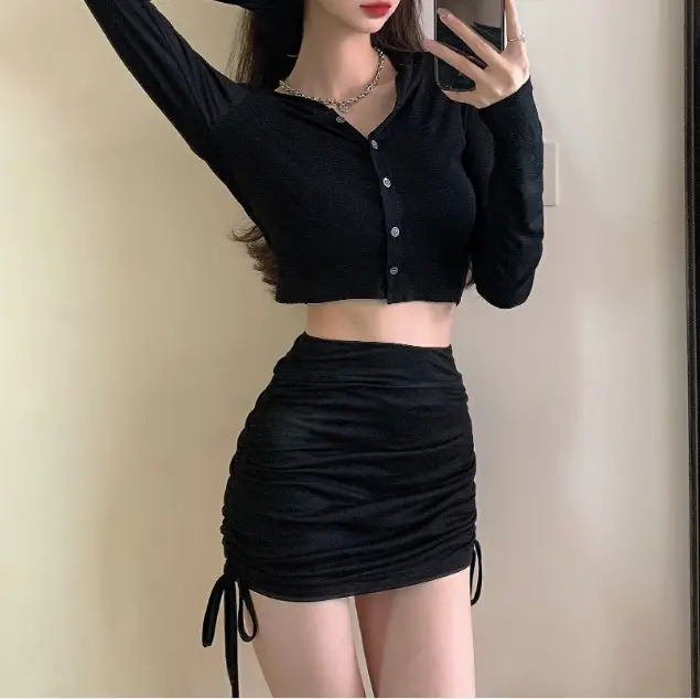 Black Drawstring Strap Elastic Short Skirt for Women 2025 - Image 5