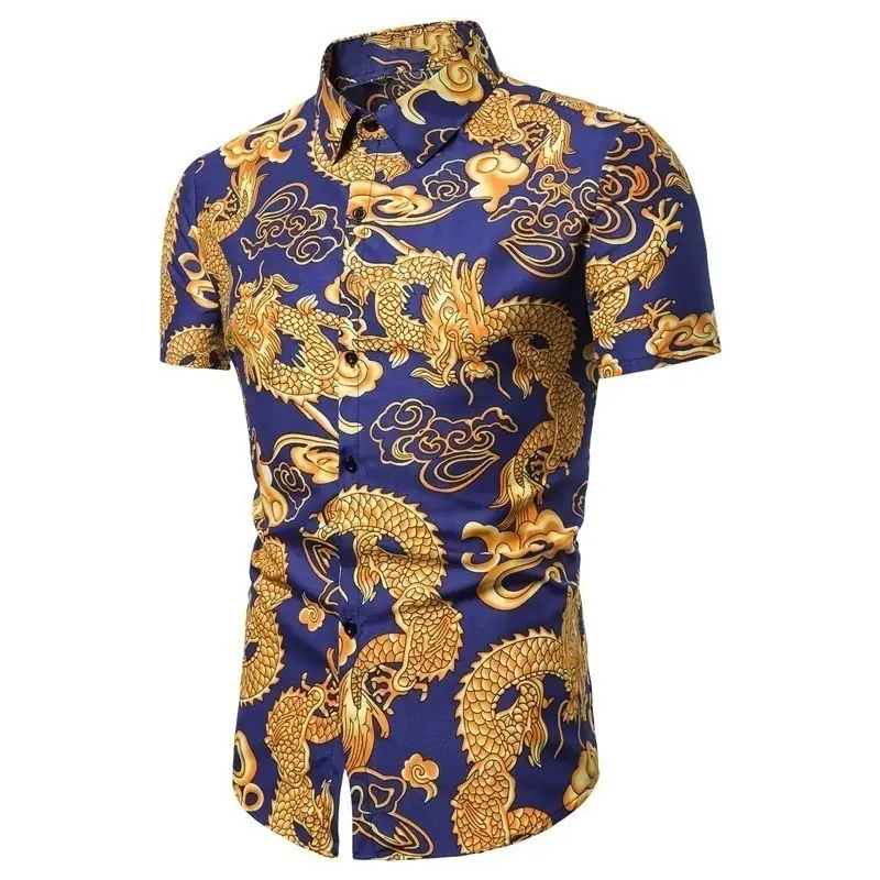 Men's Dragon Print Lapel Shirt Blue Gold Short Sleeve - Image 3