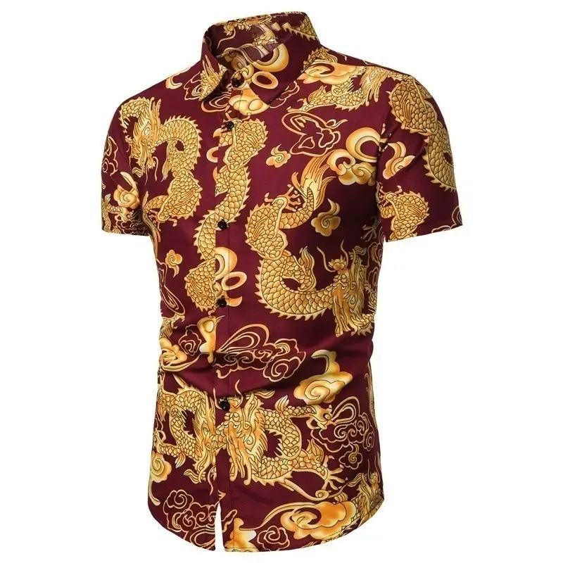 Men's Dragon Print Lapel Shirt Blue Gold Short Sleeve - Image 2